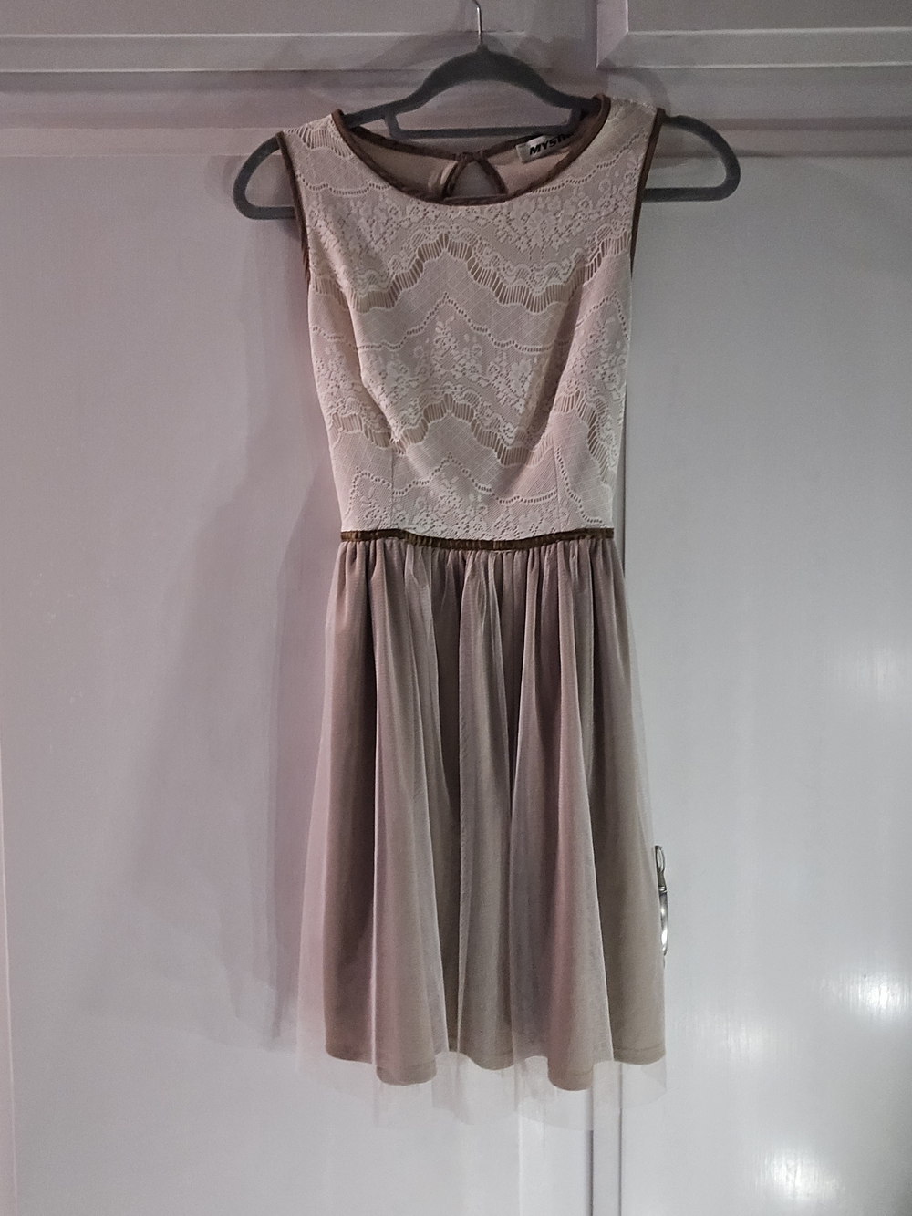 Mystic Lace Overlay Dress in Light Brown Trim